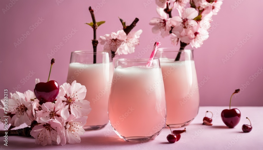 Three pink drinks in glasses with cherries