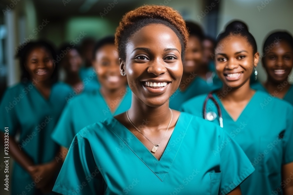 Cheerful young nursing student with her team in hospital, wearing scrubs and stethoscope