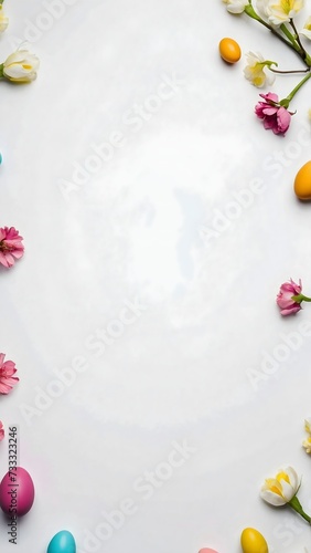 Colorful Easter eggs with spring blossom flowers with copy space 