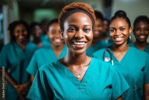 Cheerful young nursing student with her team in hospital, wearing scrubs and stethoscope photo