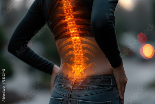 Lumbar pain, intervertebral spine hernia, woman with back pain outdoors, spinal disc disease, health problems concept