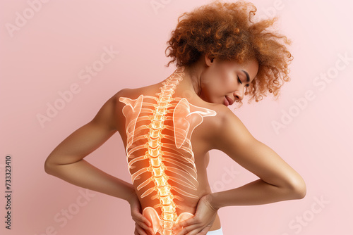 Neck and lumbar pain, intervertebral spine hernia, African black woman with back pain on a pink background, spinal disc disease, health problems concept