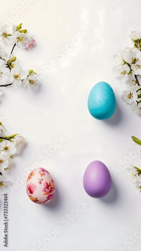 Colorful Easter eggs with spring blossom flowers with copy space 