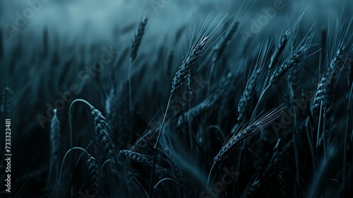 Photo of dark  moody wheat fields. The image depicts close up shots of wheat stalks. Ai Generated