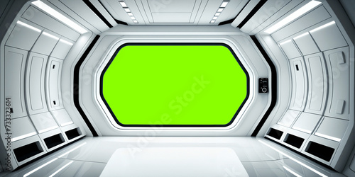 Futuristic Spaceship interior mockup with window view. Greenscreen for compositing.
