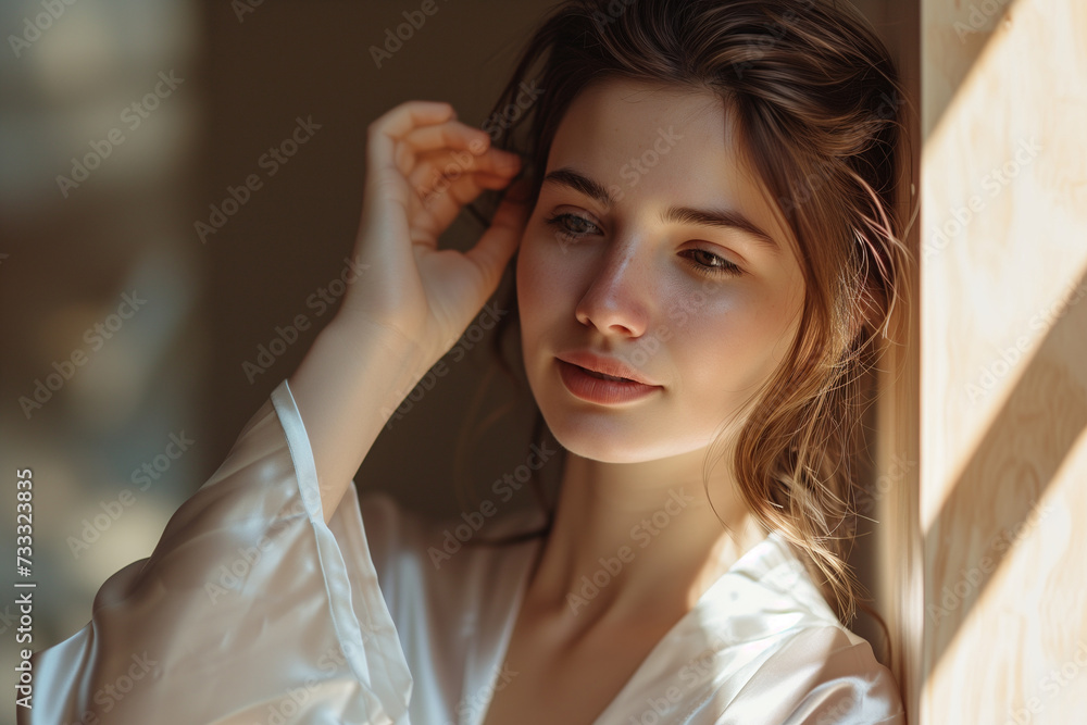 A young woman in a moment of reflection, looking into a mirror with a gentle, contemplative expression. A young woman in a moment of reflection, looking into a mirror with a gentle, contemplative expression.