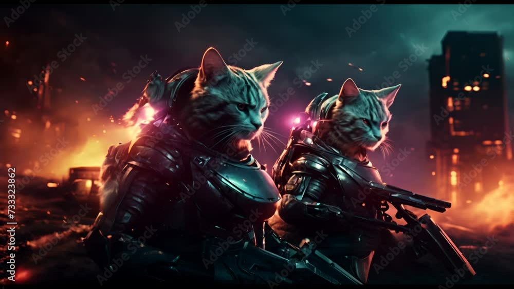 Vidéo Stock Anthropomorphic fantasy soldier cat in cyborg armor ...