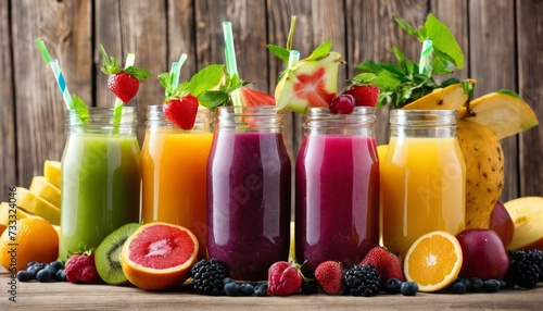 A bunch of fruit juices in jars with straws