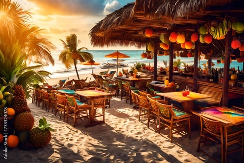 A snapshot of a beachside bar with sun loungers, where colorful cocktails and tropical fruits add a burst of vibrancy to the scene.