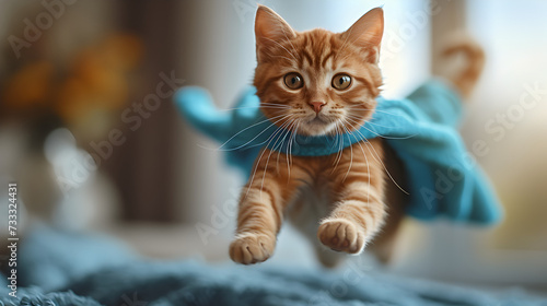 Flying sweet red cat with a blue cape photo