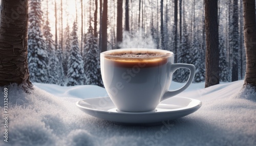 A cup of coffee on a saucer in the snow