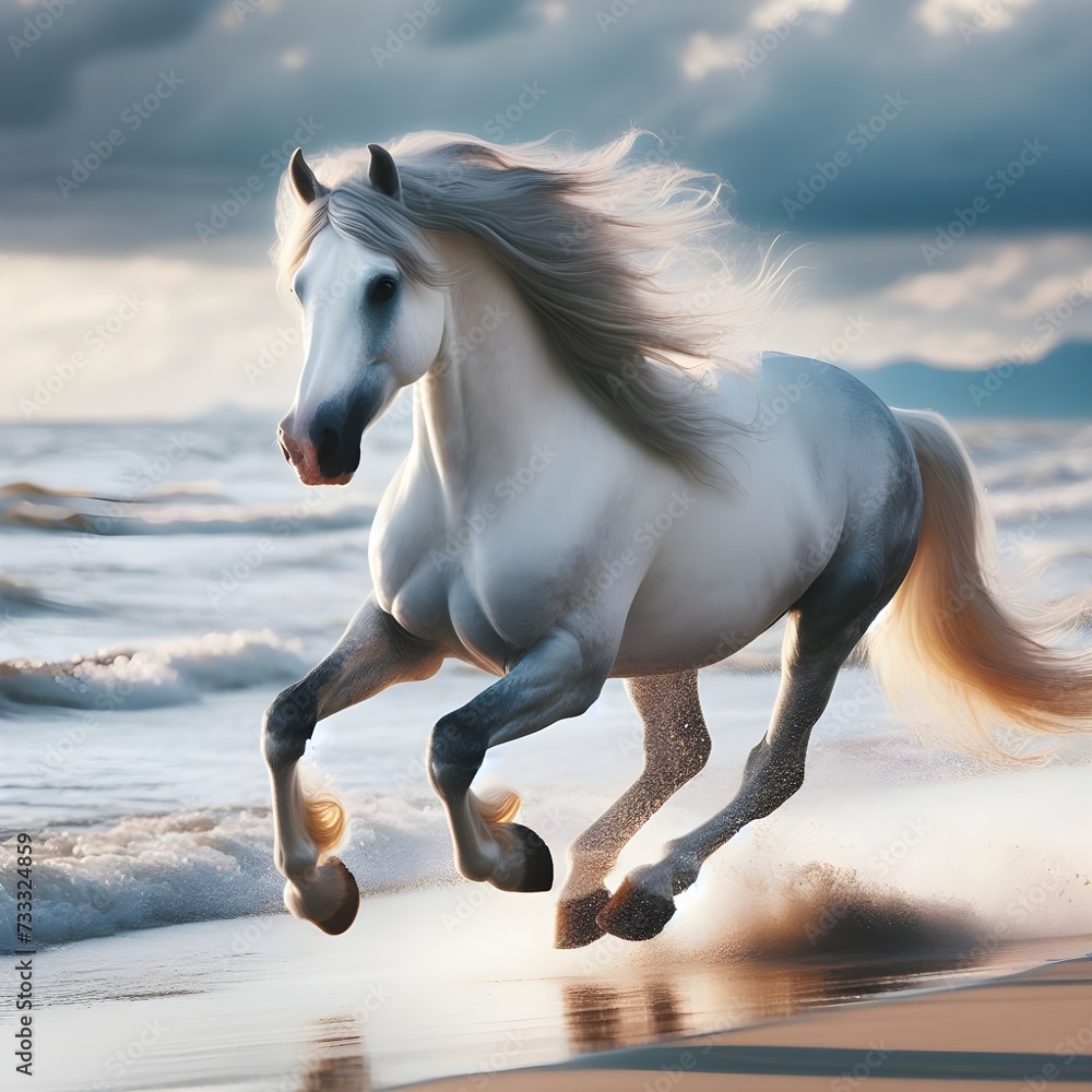 Majestic White Horse Galloping Along the Beach at Sunset Majestic White Horse Galloping Along the Beach at Sunset