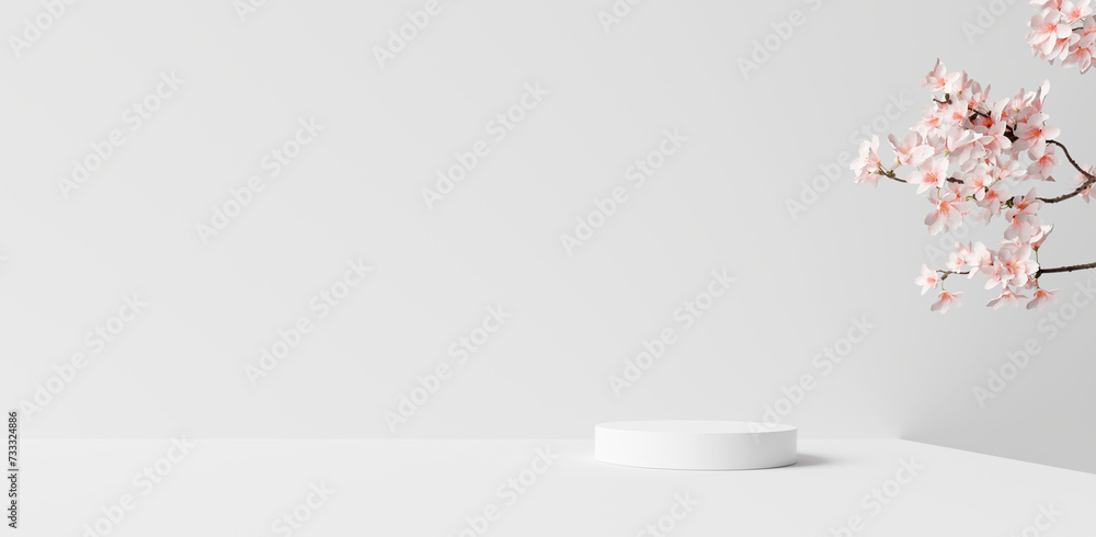 Obraz premium Product display podium stand with blossom flowers on white background. 3D rendering 
