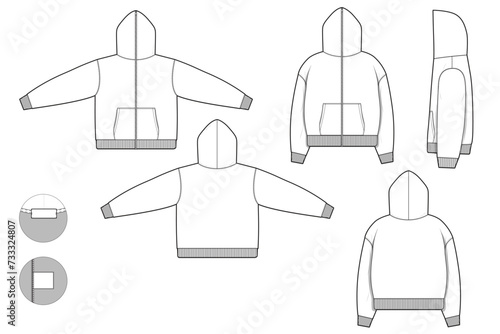 Full zip hoodie sweatshirt flat technical drawing illustration mock-up template for design and tech packs men or unisex fashion CAD streetwear baggy loose oversized