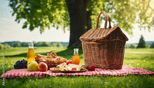 A picnic basket with food and drinks on a blanket photo