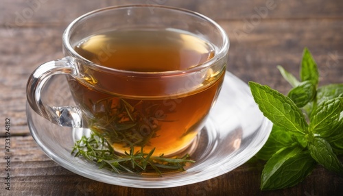 A glass of tea with a sprig of mint