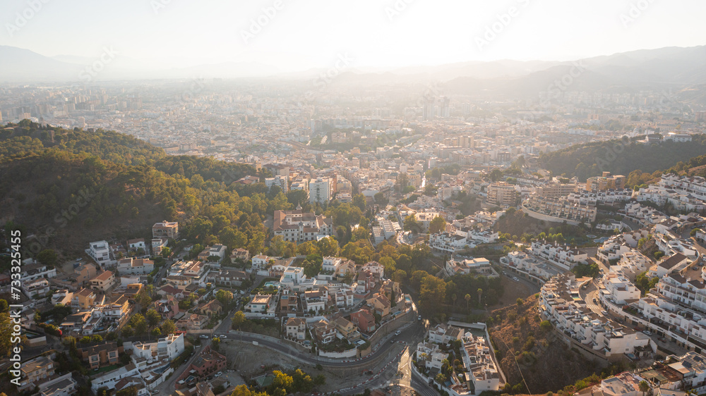 Aerial photo from drone to the city of Malaga and old town Malaga at at sunset. Malaga,Costa del sol, Andalusia,Spain, (Series)