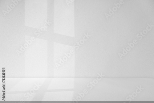 White Background.Wall Studio Empty Grey Room Background with Light, Leaves Shadow on TableTop Surface Texture,Backdrop Mockup Display Podium Design for displaying product present for Spring Summer