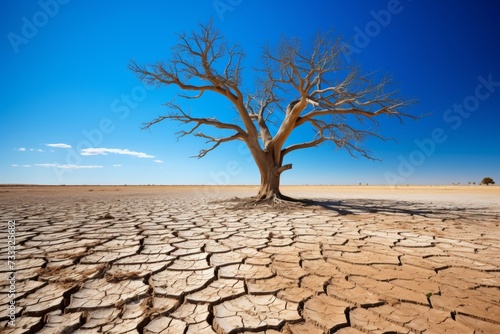A dry tree on parched ground. Drought-ravaged areas struggle with water shortages