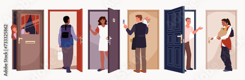 People standing at open door set. Happy man and woman opening door to welcome, young male and female characters hold doorknob to go inside, ring doorbell to visit cartoon vector illustration