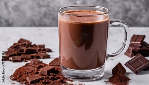 A cup of hot chocolate with chocolate shavings on the side photo