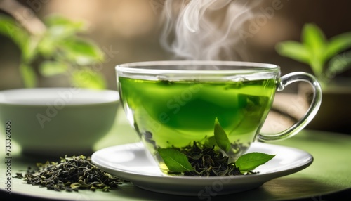 A cup of green tea with leaves floating in it