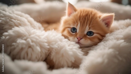 little kitten A tiny red kitten with a velvety coat, curled up and dozing peacefully on a cloud-like white fur   © Jared