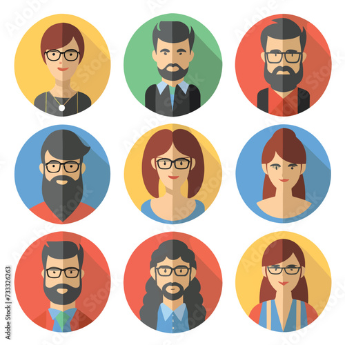 A large set of vector avatars of modern diverse multicultural multinational men and women in a round frame. A collection of faces of male and female characters in circles. Flat style