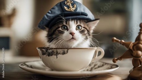 cat with a cup of coffee A charming Maine Coon kitten with a comical expression, sitting inside an oversized teacup, 