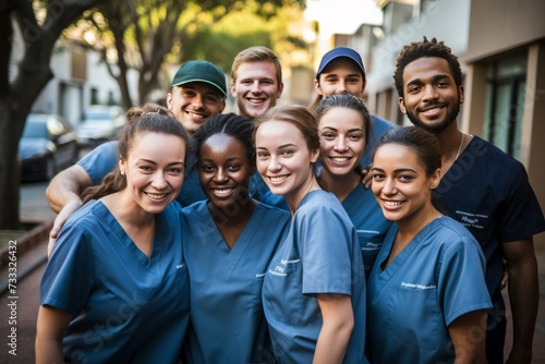 Young nursing student standing with hospital team, dressed in scrubs, doctor intern in group photo