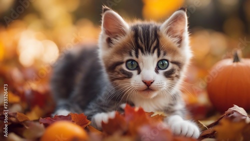 cat of autumn A sweet one-month-old kitten with a soft, downy fur, meowing gently as it sits amidst a pile of leaves 