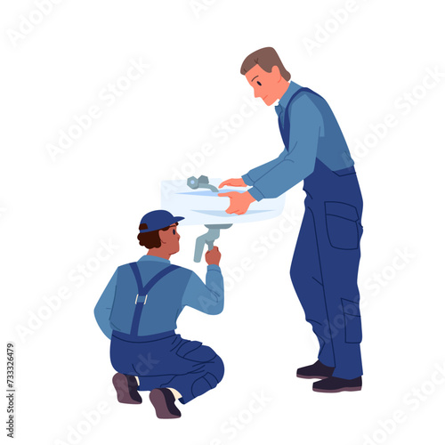 Plumbers fix broken sink or install sanitary equipment in bathroom. Repair service workers in uniform work with wrench, professional repairman fix plumbing and pipe cartoon vector illustration