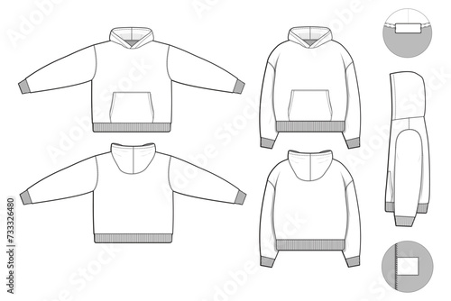 Full zip hoodie sweatshirt flat technical drawing illustration mock-up template for design and tech packs men or unisex fashion CAD streetwear oversized loose baggy