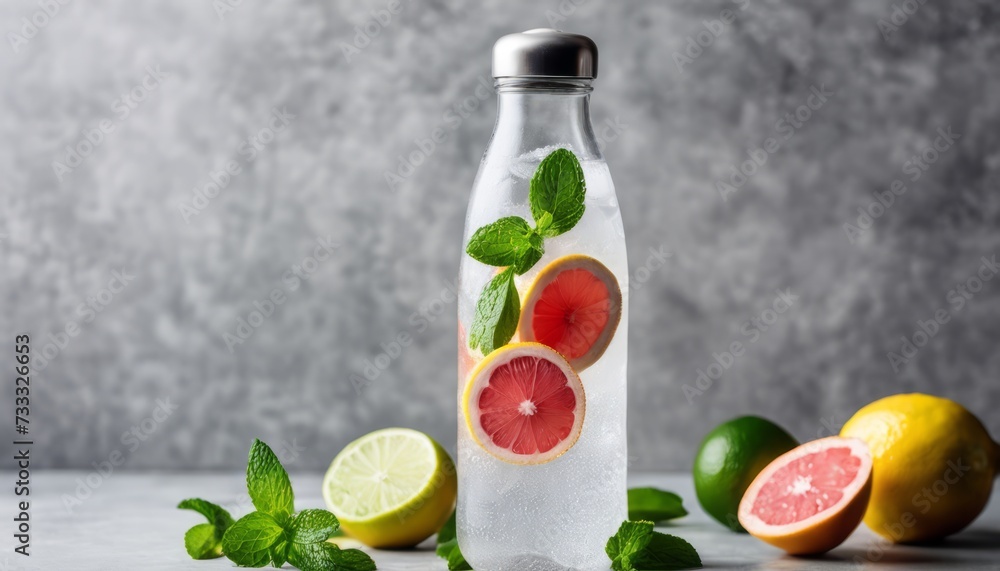 A bottle of water with sliced grapefruit and lime A bottle of water with sliced grapefruit and lime