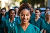 Portrait of young nursing student standing with hospital team in scrubs, doctor intern