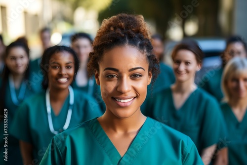 Portrait of young nursing student standing with hospital team in scrubs, doctor intern