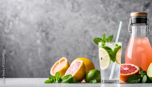 A bottle of lemonade with a lemon wedge and a mint sprig