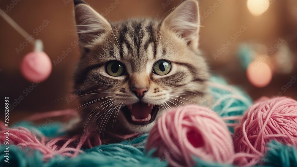 comical kitten with a look of mock despair, hilariously entangled in a giant ball of yarn, comical kitten with a look of mock despair, hilariously entangled in a giant ball of yarn,