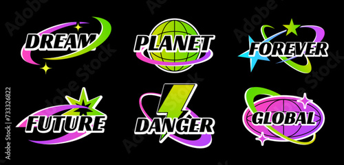 Retro Y2K logo set. Acid gradient color stickers with lettering logos for shirt. Badges, slogan typography vector icon design with star, planet earth. Futuristic elements isolated on black background.