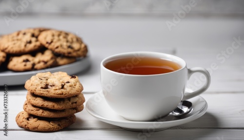 A cup of tea and a plate of cookies on a table