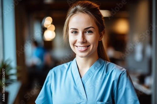Young nursing student and team in hospital, doctor intern portrait, medical professionals in scrubs