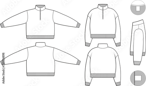 Oversized cropped quarter zip pullover sweatshirt flat technical drawing illustration mock-up template for design and tech packs men or unisex fashion CAD streetwear oversized loose baggy