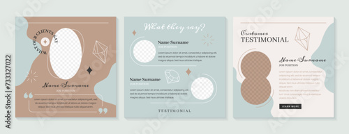 Customer feedback story template design. Vector set of square testimonial posts for social media. Web banners of client satisfaction with short quote, star rating review of products, business services