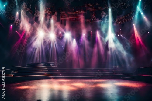 Empty concert stage in disco lights and smoke