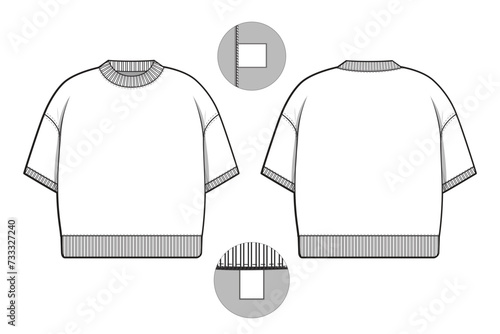 pullover crewneck short sleeve sweatshirt flat technical drawing illustration mock-up template for design and tech packs men or unisex fashion CAD streetwear oversized loose baggy