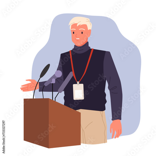 Male leader with glasses and black formal suit presenting confident speech with hand up, person standing at tribune cartoon vector illustration. Man speaker speaking from podium with microphone