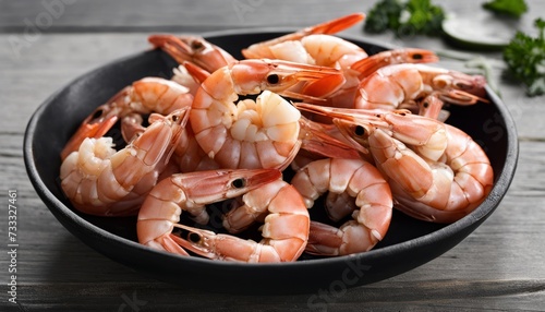 A black bowl full of cooked shrimp