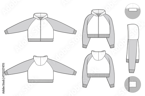 cropped oversized baggy raglan hoodie sweatshirt flat technical drawing illustration mock-up template for design and tech packs men or unisex fashion CAD streetwear oversized loose baggy