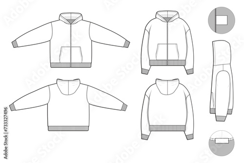 Oversized baggy zip hoodie sweatshirt flat technical drawing illustration mock-up template for design and tech packs men or unisex fashion CAD streetwear cropped oversized loose baggy