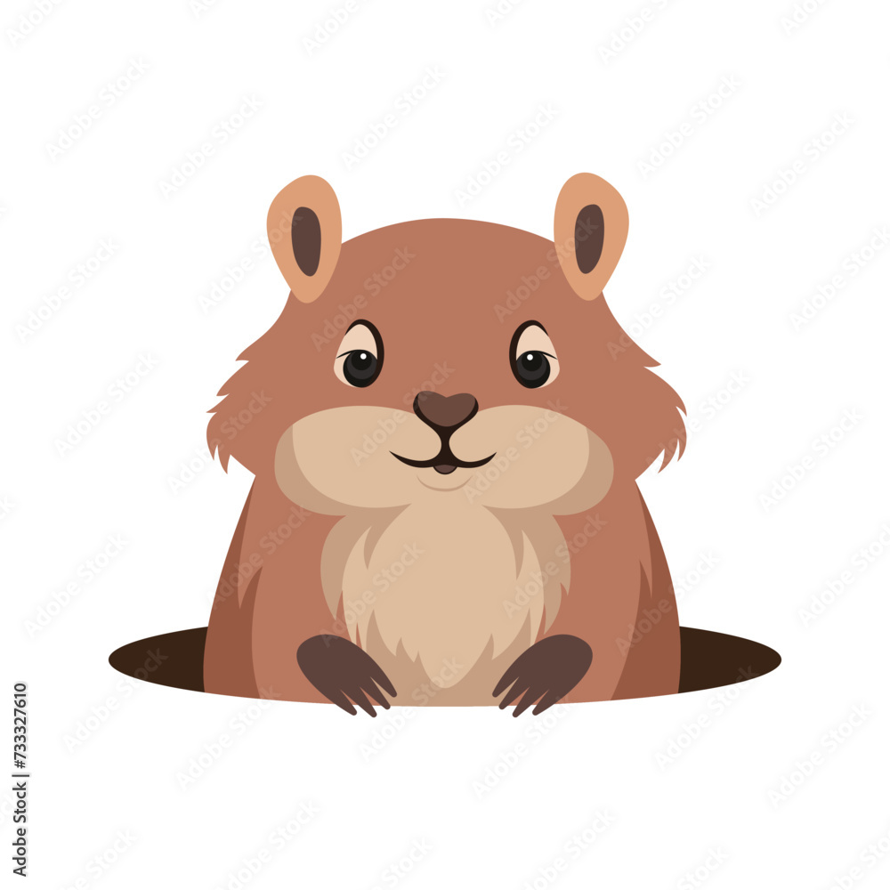 Illustration of a groundhog jumping out of a burrow on a white and transparent background. Flat Illustration of a groundhog jumping out of a burrow on a white and transparent background. Flat